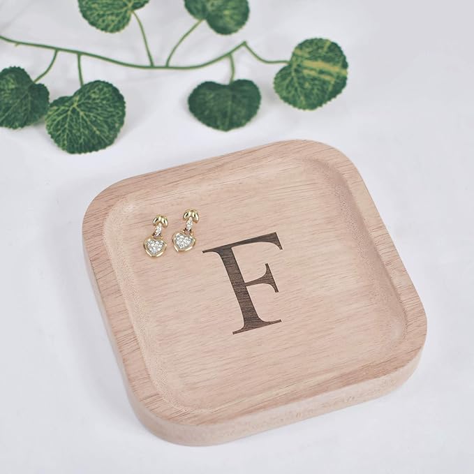 I'm Wooden Personalized Letter Catchall Valet Tray Trinket Dish Jewelry Tray Key Bowl Decorative Plate Organizing Ring Earrings Necklaces Bracelet Watch Coins Wallet Holder (6"x6" Sq Natural F)