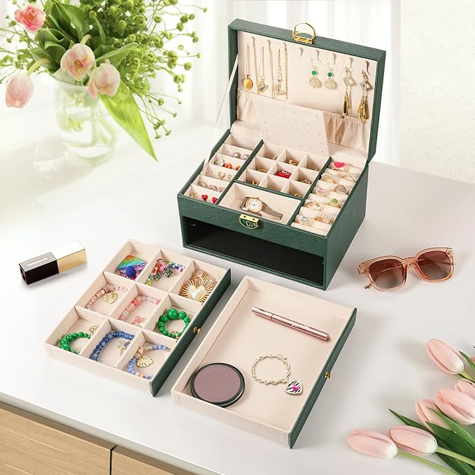 3 Layer Jewelry Box, Jewelry Holder Organizer with 2 Drawer Tray, Large boxes for Women Velvet Earring Organizer, Lockable & Organizers, Birthday Gifts for Women Mom, Green