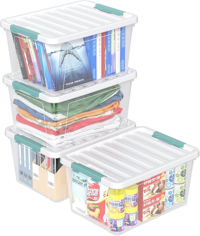 4-pack 35 Quarts Latching Storage Boxes, Large Clear Plastic Storage Tote Bins with Lids