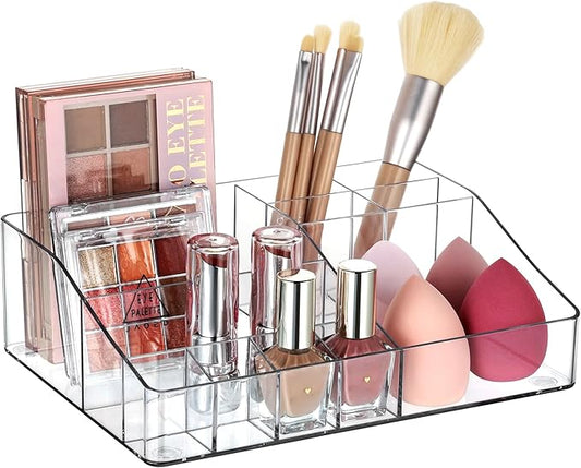 Vtopmart 1 Tier Clear Makeup Organizer with Drawer, Cosmetic Storage for Dresser Countertop and Bathroom Vanity, Beauty Holder for Lipstick Brush Skincare