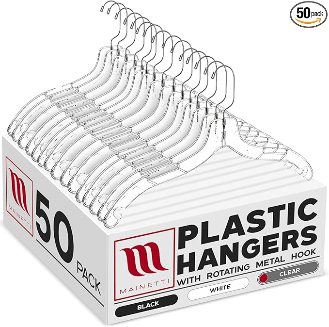 Mainetti Clear Plastic Clothes Hangers 50 Pack | 17-Inch Space Saving Hangers with 360 Swivel Metal Hook & Notches for Straps | Closet Hangers Ideal for Shirts, Tops, Dresses and Jackets (5400SCR50)