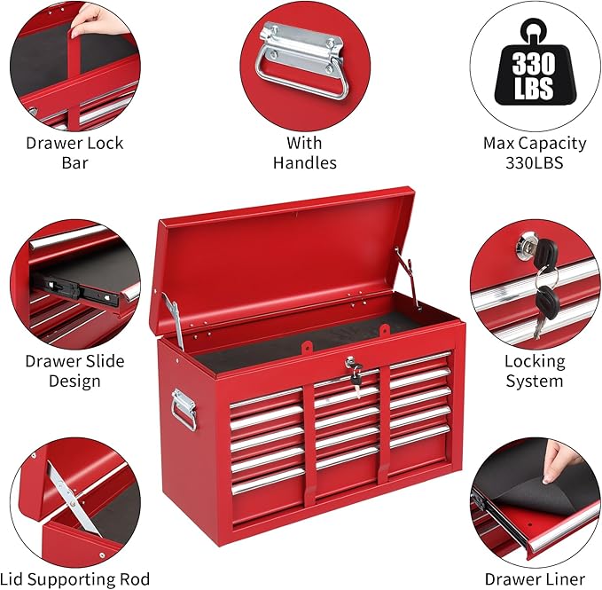 Winado 24" Portable Tool Box, 5 Drawers & Top Storage Tray Tool Box with Drawers, Lockable Metal Tool Chest Cabinet for Garage, Warehouse, Repair Shop & Home, Red