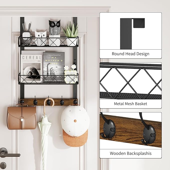 YINMIT Over The Door Hooks Organizer, Over Door Storage with 5 Hooks and 2 Mesh Baskets, Door Hanger Hook, Over The Door Towel Rack, Over Door Hanger for Bathroom, Bedroom, Kitchen