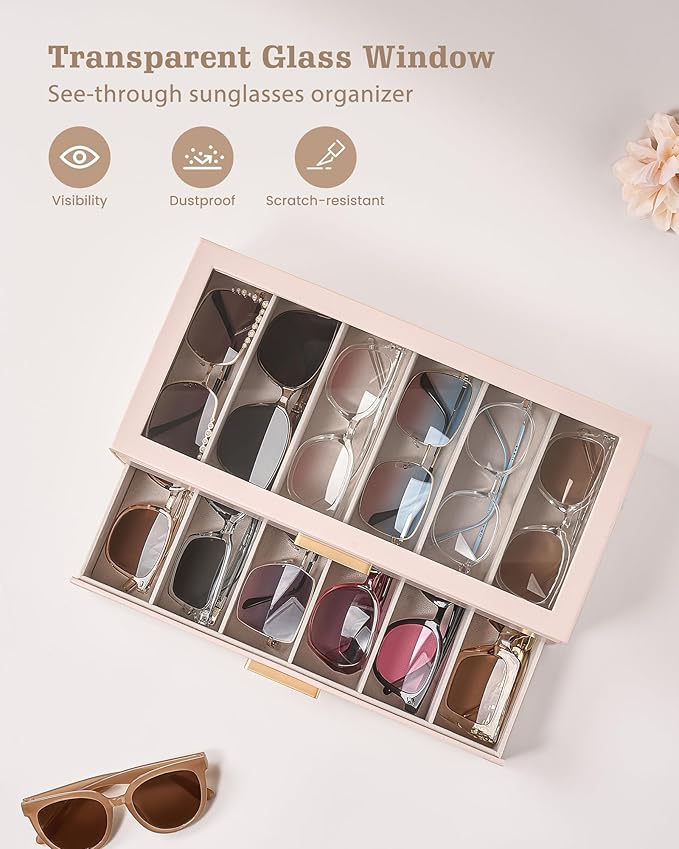 Lolalet Beige Sunglasses Storage Box for Women, Eyewear Eye Glass Organizer with Clear Top Lid Display Holder Case