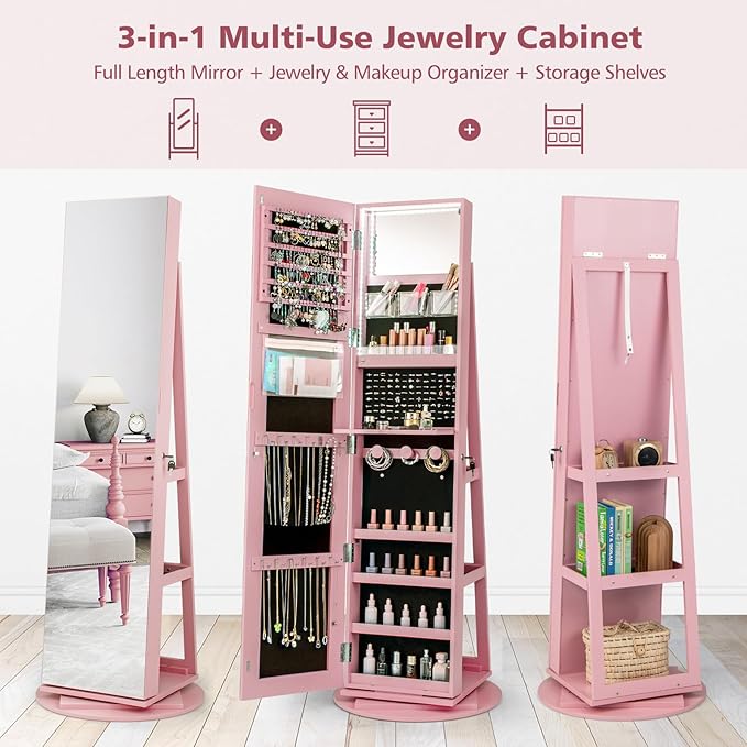 Mirror Jewelry Cabinet Standing with Full Length Mirror, 360° Swivel Jewelry Armoire with 3-Color LED Lights & Foldable Makeup Shelf, Lockable Organizer for Women, Space-Saving (Pink)