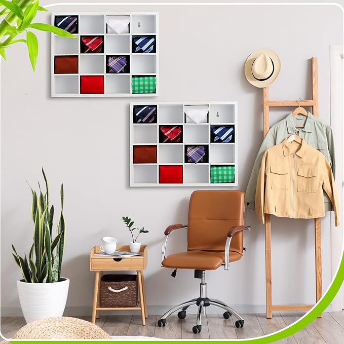 Wesiti Tie Box Organizer Wall Mounted Tie Rack with 16 Compartments Bamboo Belt Holder for Men Scarf Necktie Home Wall Closet(White Color,2 Pieces)