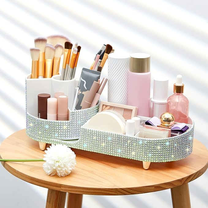 Teen Girls Women Gift 360 Rotating Bling Makeup Organizer Large Rhinestone Diamond Bathroom Organizer Girly Skin Care Brush Holder for Countertop,Bathroom Essentials (Silver,Rhinestone)