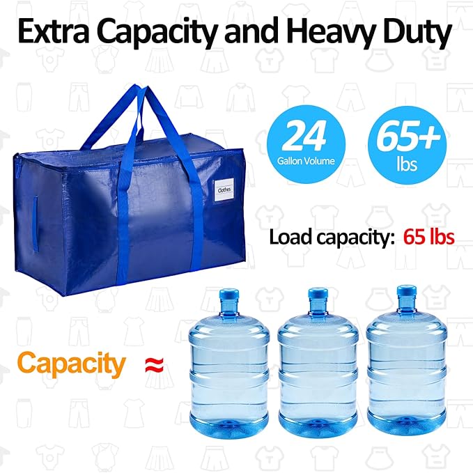 2-Pack Blue Extra Large Moving Bags, Heavy Duty Storage Bags with Lids, Reinforced Handles and Zippers, Organizing Bags for Dorm Packing, Clothes Storage, Toy, Camping, College Supplies