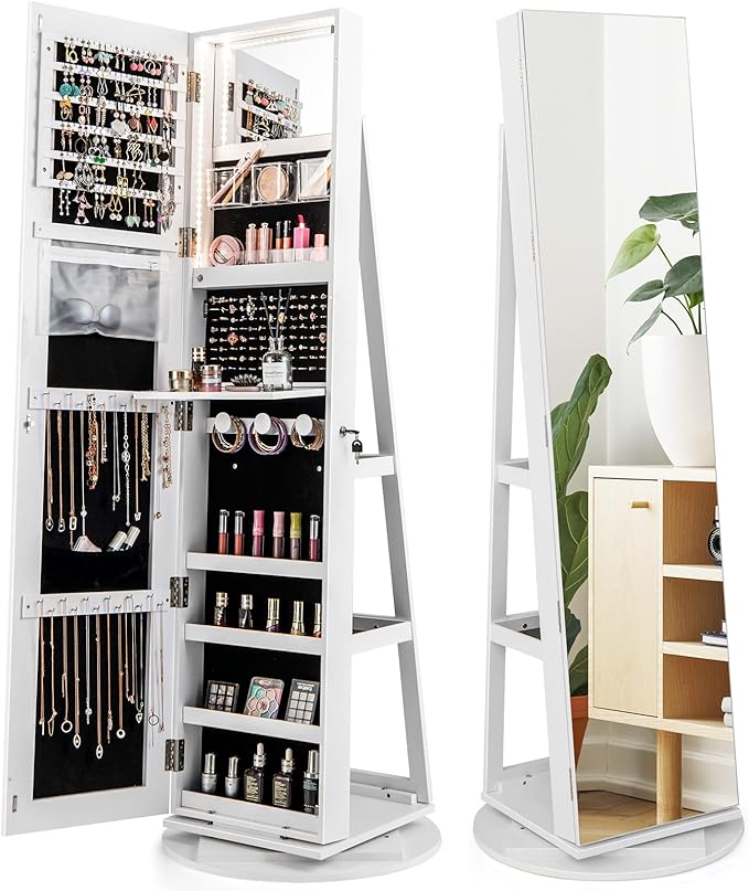 CHARMAID 360° Swivel Jewelry Armoire with Full Length Mirror, Rear Storage Shelves, Lockable Standing Jewelry Cabinet Organizer with Interior Vanity Mirror and 3-Color Lights (White)