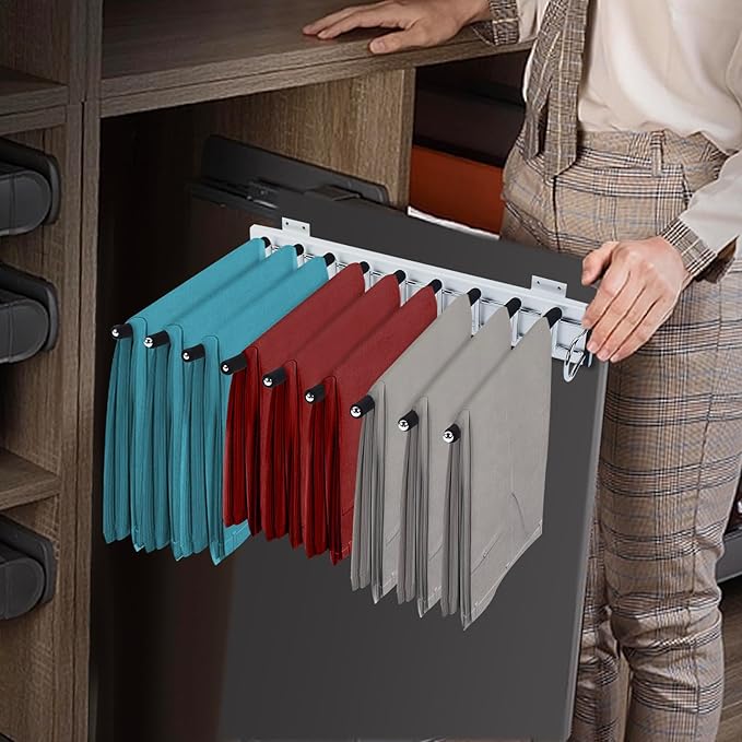 9 Arms Steel Slide Out Pants Rack Closet Pants Hanger Bar Pull Out Trousers Rack Tie Belts Scarf Racks, Wardrobe Clothes Organizers Rail Pull Out Closet Storage Rod-(Right Side Mounts)
