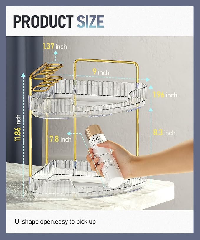 2-Tier Corner Bathroom Organizer Counter - Acrylic Makeup Skincare Organizer with Brush Holder, Perfume Tray for Countertop, Vanity, Dresser, Kitchen（Clear）