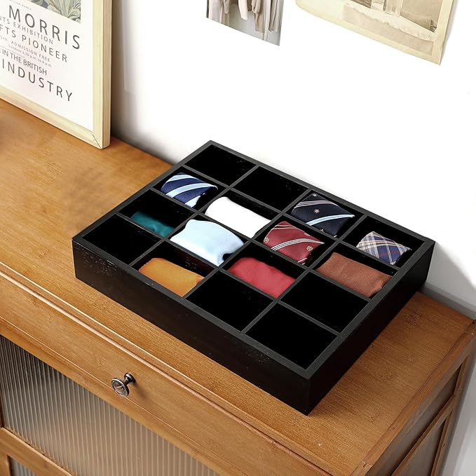 Wesiti Tie Box Organizer Wall Mounted Tie Rack with 16 Compartments Bamboo Belt Holder for Men Scarf Necktie Home Wall Closet(Black Color,1 Piece)