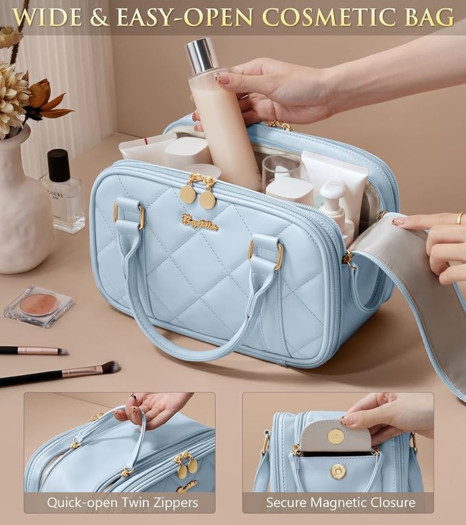 Travel Makeup Bag, Large Capacity Quilted Toiletry Bag for Women Stand-up Cosmetic Bag Open Flat Make Up Case Organizer Portable Pouch Purse w/Handle for Traveling Accessories, Blue