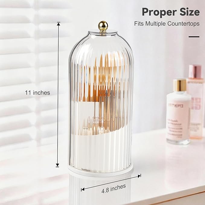 360° Rotating Makeup Brush Holder with Lid, Waterproof Three-Compartment Makeup Organizer, 180° Side-Pull Door Desk Organizer, Dustproof Brush Holder for Vanity and Bathroom (Transparent)