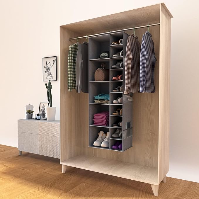 coastal rose Hanging Shoe Closet Storage Organizer, 15 Sections Closet Organizers and Storage Shelves Shoe Rack Holder Hanger, Grey