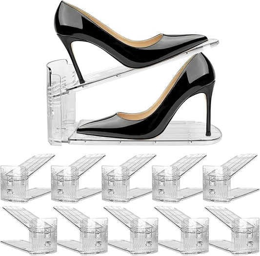 10 Pack Clear Shoe Slots Organizer - Adjustable Height 3.7''to 7.7'' Shoe stackers for a pair of shoes ,Shoe rack storage shoe space saver 50%,Easy to assemble shoe hold shoe organizer for cloest
