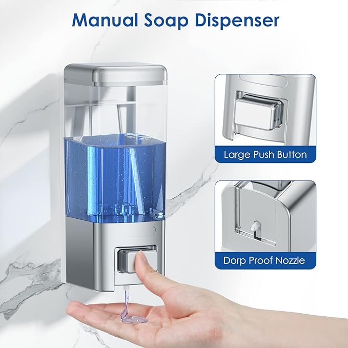 Manual Soap Dispenser, 17oz/500ml Wall Mount, Large Capacity Kitchen Bathroom Hand Soap Dispenser, Commercial Refillable Shampoo Shower Gel Lotion Dispenser, Chrome