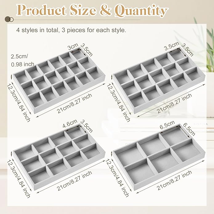 Junkin 12 Pcs Jewelry Tray Velvet Stackable Jewelry Organizer Trays Divided Earring Accessories Storage Containers Box (Rose Red)
