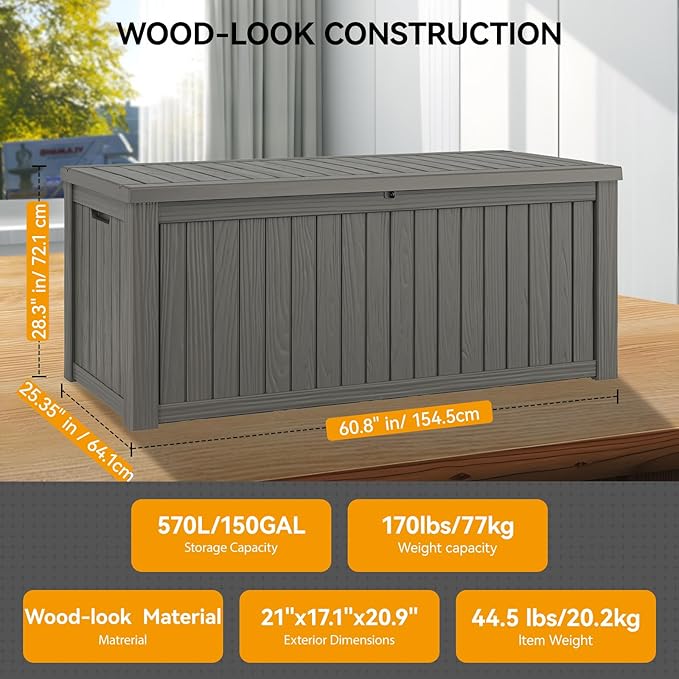 180 Gallon Outdoor Storage Box, Resin Deck Boxes Outdoor Waterproof For Patio Furniture, Garden Tools, Pool Supplies, Lockable And UV Resistant (Striped Gray)