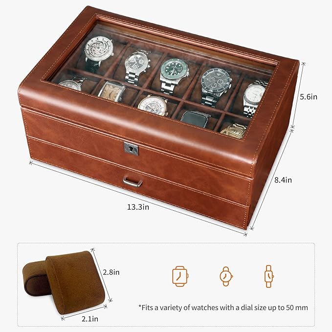 Leather Watch Box with Drawer-10 Slots Locking Jewelry Watches Holder for Men-Luxury Watch Case Display Organizer-2 Tier Organizer Watch Showcase-Storage Case
