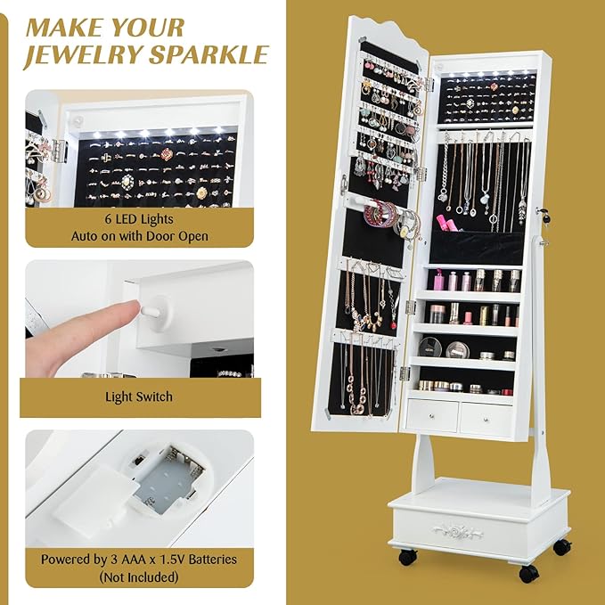 CHARMAID Rolling Jewelry Armoire with Full Length Mirror, Lockable Stand up Jewelry Cabinet with Lights and Wheels, Standing Jewelry Organizer with Drawers, Mirror with Jewelry Storage (White)
