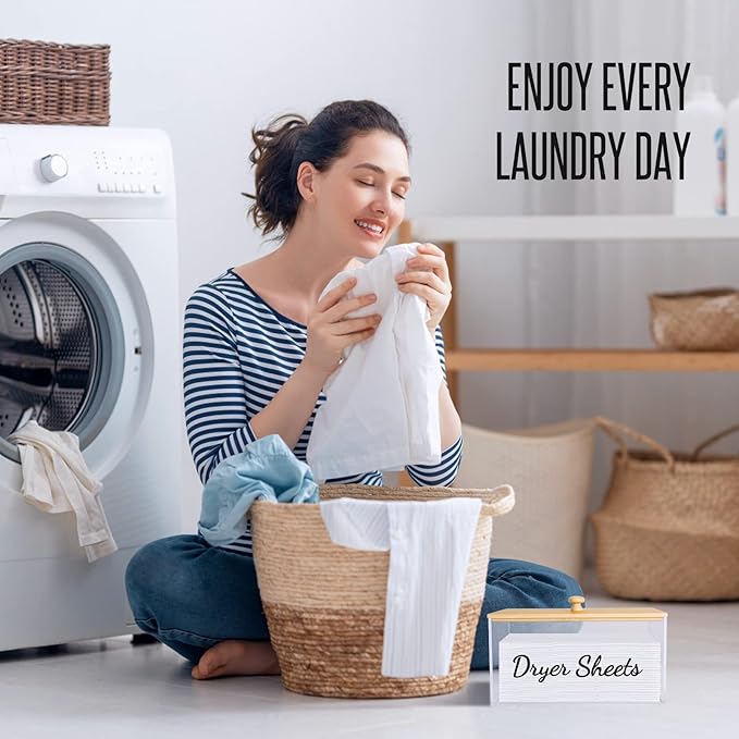 JYPS Clear Acrylic Dryer Sheet Holder with Bamboo Lid & Labels, Fabric Softener Dispenser for Laundry Room Organization Decor, Bathroom Storage Container Box, for Scent Booster,Powder,Pods