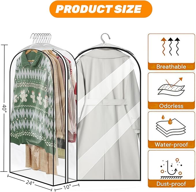 4 Pack 10" Gusseted Garment Bags, 40" Clear Suit Bags for Closet Storage, Hanging Clothes Covers with Zipper, Closet Dust Cover Protector Bag Cover for Jacket, Coat, Shirts, Dress, Sweater