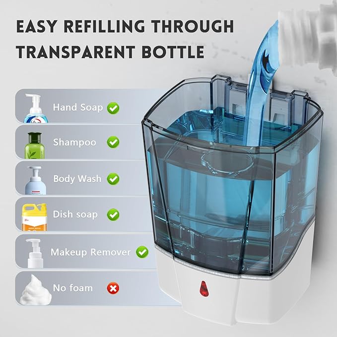 Automatic Soap Dispenser 20fl oz/600ml Touchless Wall Mount Liquid ABS Auto Hands Free Touchless Soap Dispensers Bathroom Kitchen 9031 White