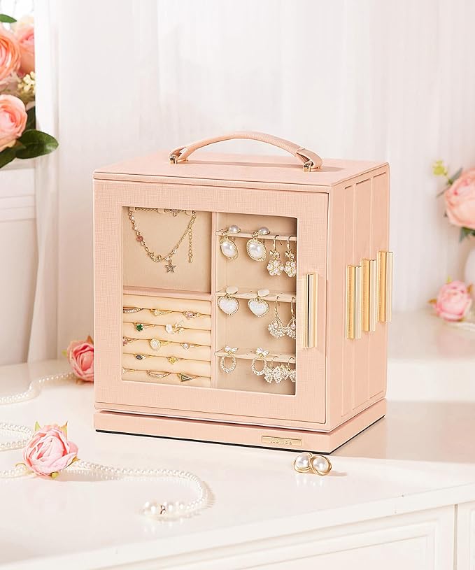 Homde Valentine's Day gifts Jewelry Box 360° Rotating, Necklace Earring Organizer with Transparent Window, Mirror, 7 Drawers, Large Ring Display Storage Case for Girls Women (Peach Pink)