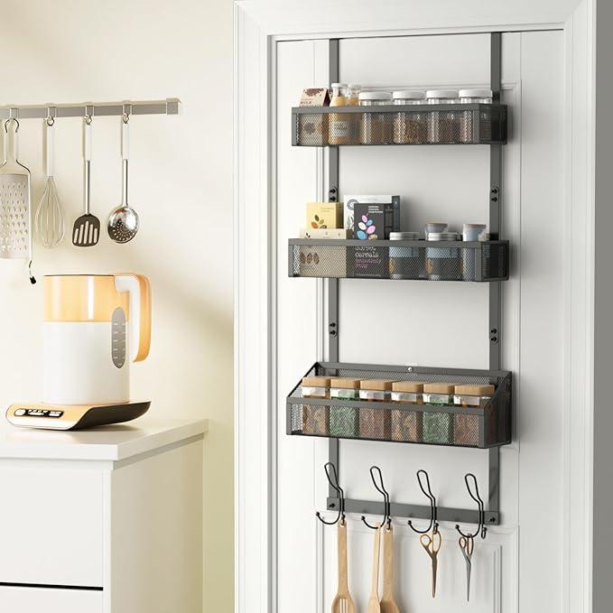Over The Door Hook Organizer with 12 Hooks & 3 Mesh Baskets – Space-Saving Towel Rack & Storage Hanger for Bathroom, Kitchen, Bedroom, No Drill Door Hooks, Black