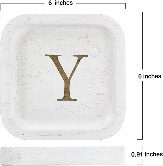 I'm Wooden Personalized Letter Catchall Valet Tray Trinket Dish Jewelry Tray Key Bowl Decorative Plate Organizing Ring Earrings Necklaces Bracelet Watch Coins Wallet Holder (6"x6" Sq White Y)