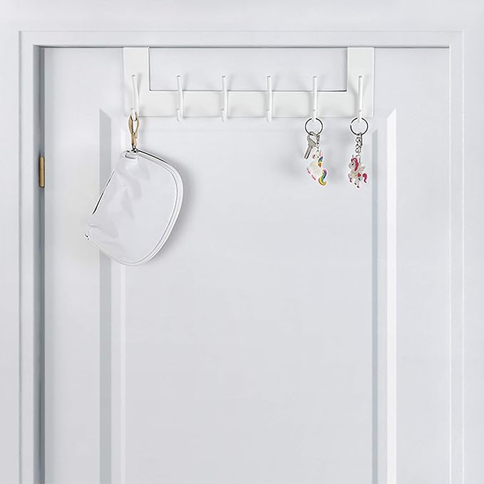 SKOLOO Over The Door Hook - 6 Hooks, No Assembly Required, Stainless Steel Door Hooks, Over Door Coat Rack for Hanging Coats Clothes Hats Robes, White, Pack of 2