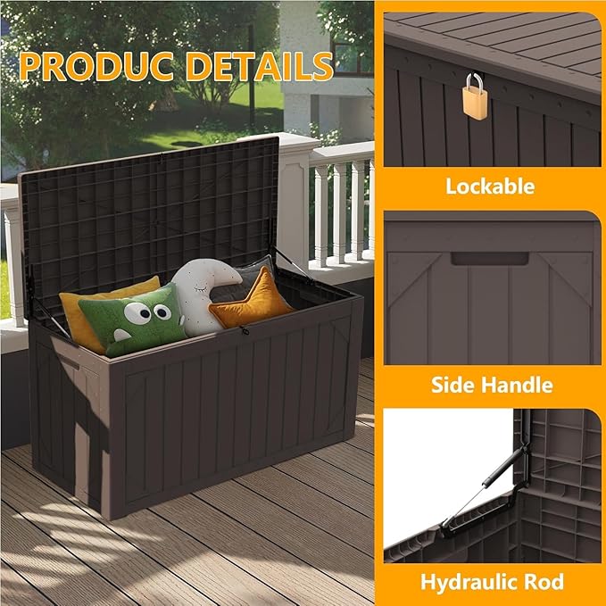 110 Gallon Resin Deck Box Waterproof Outdoor Storage Box for Patio Furniture Pool Accessories Indoor Storage for Cushion Garden Tools, Brown