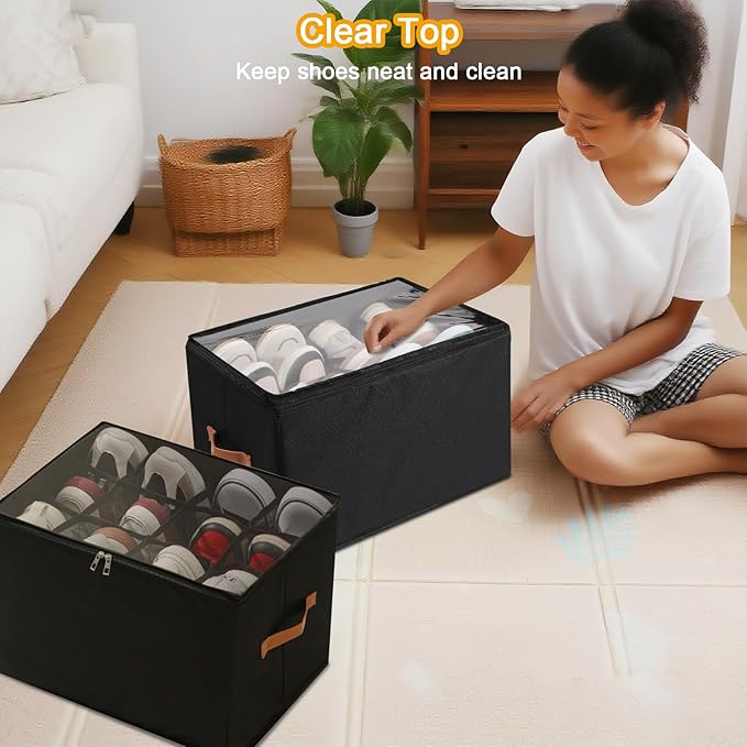 Shoe Organizer for Closet 2 PCS Foldable Shoe Storage Organizer with Clear Cover, Fits up to12 pairs Shoes Organizer Box Bin With Bottom Support (black)