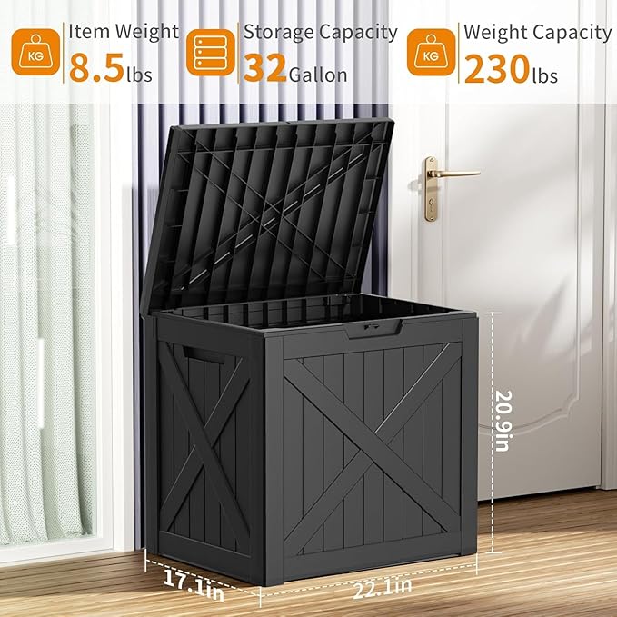 Vixzen 32 Gallon Waterproof Resin Deck Box, UV Resistant Outdoor Storage for Garden, Patio, Porch, Delivery（Black，32 Gallon）