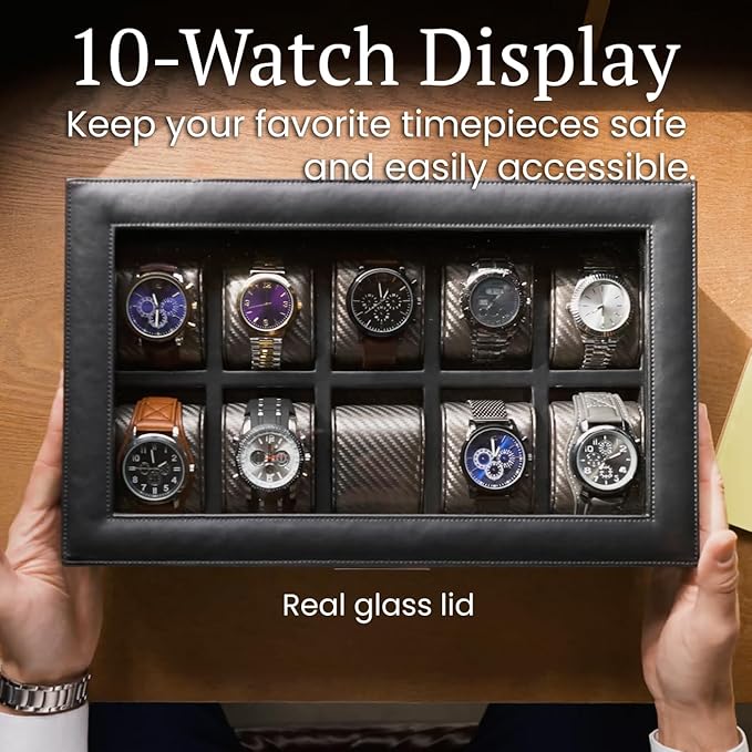 HOUNDSBAY Yachtsman Watch Box Organizer | Luxury Jewelry Organizer with Drawer, Ring Tray & Glass Lid | Great EDC Display Case for Storage | Ideal Gift for Men