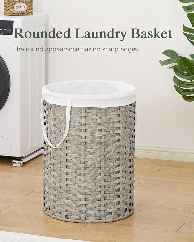 Laundry Basket Round Rattan Laundry Hamper 29.1 Gal(110 L) Handwoven Large Wicker Basket with Handles, Wicker Hamper with Removable Bags and 2 Mesh Bags for Bathroom Living Room Gray(No Lid)