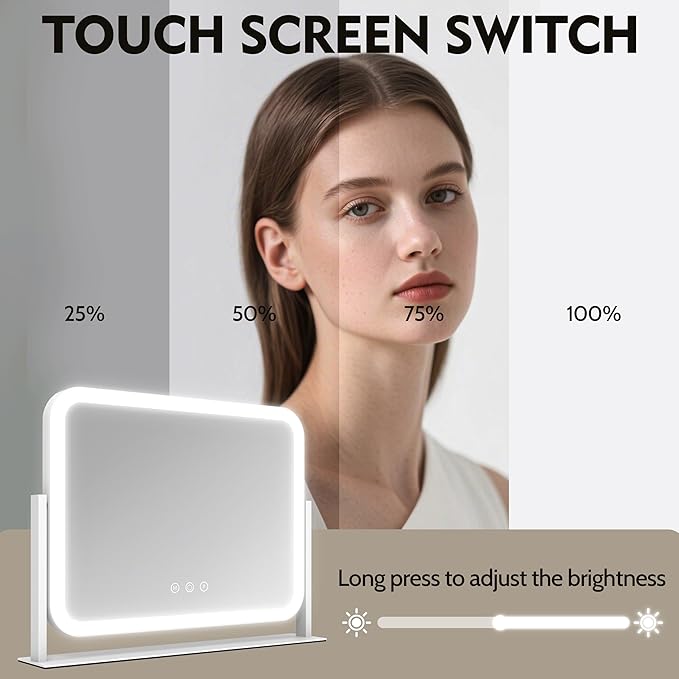 HNV Lighted Makeup Mirror, 17"x13" Hollywood Vanity Mirror with Lights, 10X Magnification, 3 Color Dimmable LED, Smart Touch Control, 360° Rotation Tabletop Mirror for Bedroom & Dressing Room (White)