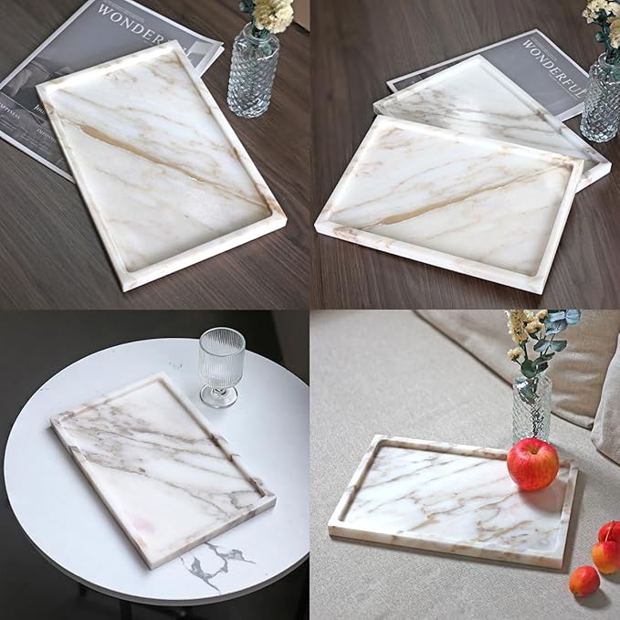 100% Natural Marble Serving Tray Luxury Marble Storage Tray for Home Decor Stone Tray for Bathroom/Kitchen/Vanity/Dresser,Plate Holder for Tissues, Candles, Towel