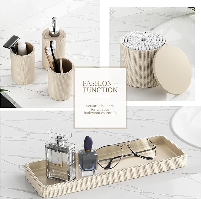 6-Piece Beige Bathroom Set - Mesh Textured Resin Bathroom Accessories Set with Soap Dispenser, Toothbrush Holder, Cup, Vanity Tray & Apothecary Jars for Small Spaces