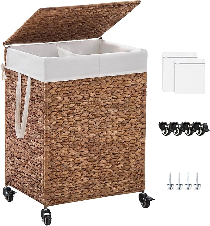 2-Section Laundry Hamper with Lid, Large Capacity Woven Natural Water Hyacinth Laundry Sorter with Removable Liners, Rolling or Non-Slip Design for Bedroom (Espresso, 2-Section)