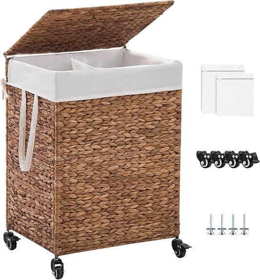 2-Section Laundry Hamper with Lid, Large Capacity Woven Natural Water Hyacinth Laundry Sorter with Removable Liners, Rolling or Non-Slip Design for Bedroom (Espresso, 2-Section)