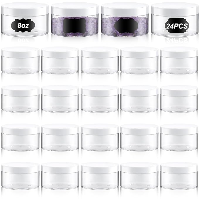 Dandat 24 Pcs 8 oz Plastic Jar Container with Lid and Label Refillable Empty Round Clear with White Pet Cosmetic Sample Slime Containers for Lotion, Cream, Ointment, Body Butter, Makeup Travel Storage