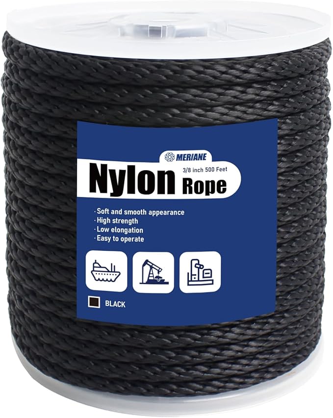 MERIANE Black Nylon Rope 3/8inch 500FT – Multipurpose Solid Braided Rope – Ideal Use for Camping, Clothesline, Marine, Flag Line – Abrasion & UV Resistant – Shock Absorption Rope for Indoor Outdoor