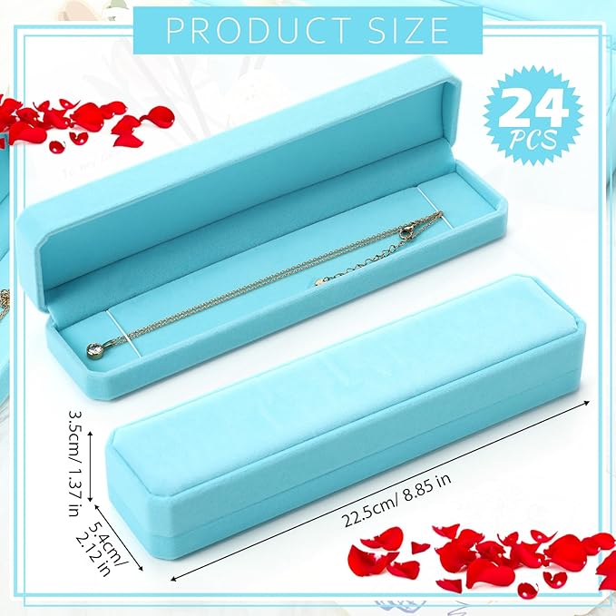 Batiyeer 24 Pcs Velvet Bracelet Box Bulk Jewelry Chain Necklace Box Bracelet Storage Case Long Jewelry Case for Valentine Wedding Pendant Display, 8.86 x 2.13 x 1.38 Inch(Light Blue)