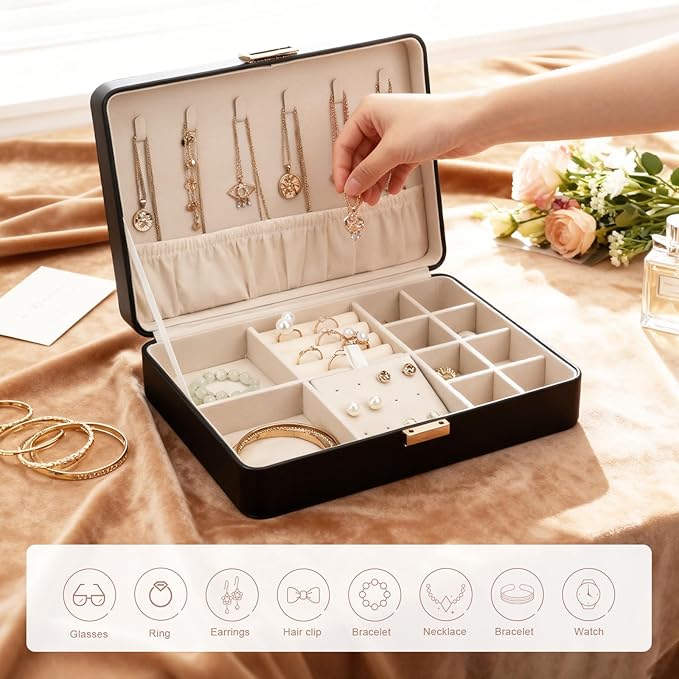Jewelry Box, Portable Travel Jewelry Case Organizer with Removable Tray for Earrings, Necklaces, Rings Black