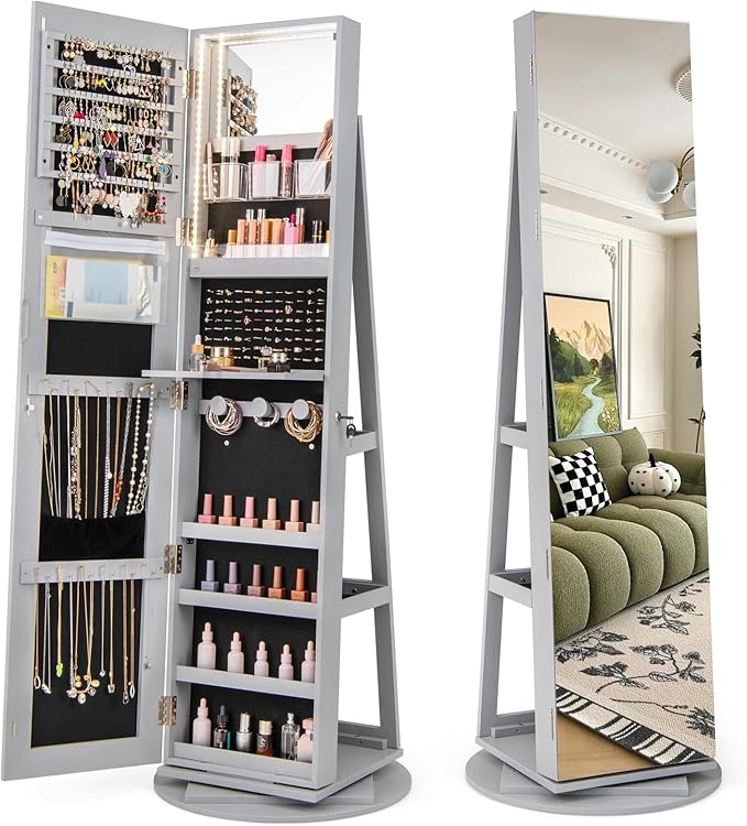 CHARMAID 360° Swivel Jewelry Armoire with Full Length Mirror, Rear Storage Shelves, Lockable Standing Jewelry Cabinet Organizer with Interior Vanity Mirror and 3-Color Lights (Gray)