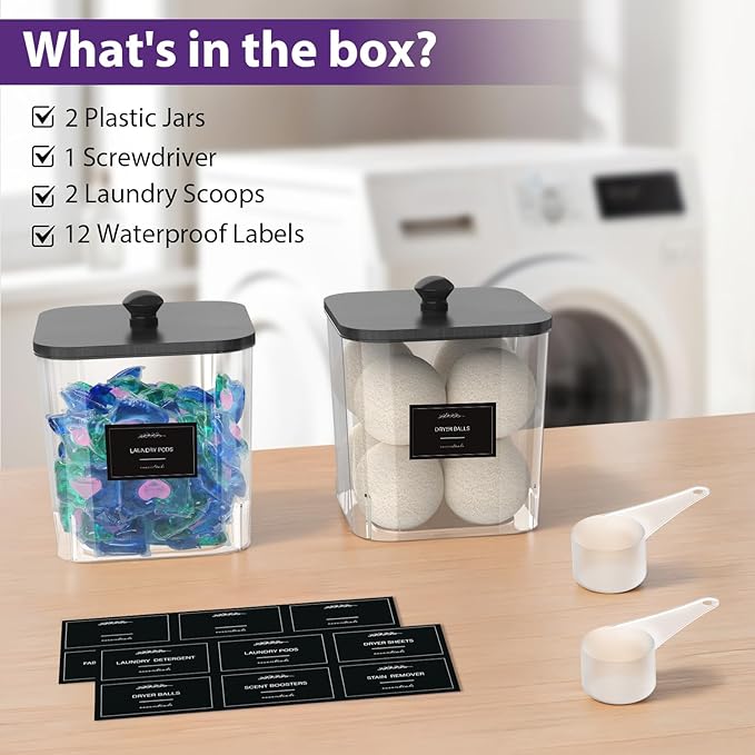 2 Pack Clear Laundry Pods Container, Plastic Square Laundry Room Organization and Storage Jars with Black Lids, Scoops & Labels for Detergent, Powder, Dryer Balls