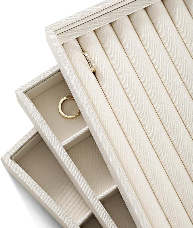 Linen 24 Grid Stackable Rings Earrings Display Tray, Brooch Ear Stud Cufflinks StorageTray, Jeweler Shop Counter Showcase Table Top Organizers, Makeup Table Drawer Insert Jewelry Tray