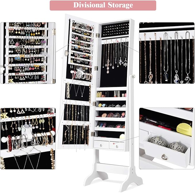 Giantex Lockable Standing Jewelry Armoire with Full Length Mirror, Large Storage Capacity Jewelry Cabinet Organizer with 2 Drawers, 4 Angle Adjustable, Extra Wide Mirror for Women Girls (White)